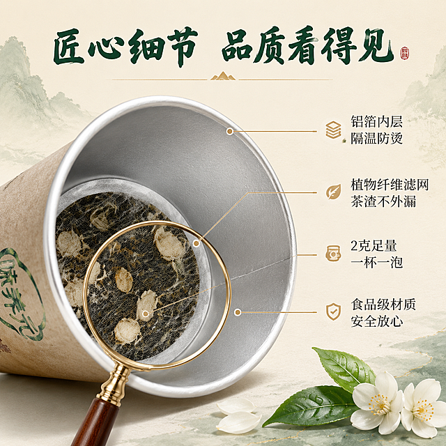 [主图-3] 细节与成分：微距展示隐茶杯内部结构和茶叶品质，微观种草。
[统一基调] 国风青绿山水风格，深墨绿+米白+金色为主色调，主标题用粗厚国风书法字（深绿色），辅助文案用清爽黑体（深灰色），整体品质感、精致细腻。
[画面] 画面主体为一只隐茶杯的俯视特写，杯口朝下倾斜45度，清晰展示杯底的茶叶和茉莉花，铝箔内层有金属光泽质感，茶叶条索完整、茉莉花瓣洁白饱满。用放大镜效果圈出杯底茶叶区域，放大展示茶叶细节纹理。右侧用极细引线标注四个细节："铝箔内层 隔温防烫"、"植物纤维滤网 茶渣不外漏"、"2克足量 一杯一泡"、"食品级材质 安全放心"。背景为浅米色渐变，右下角点缀几片茶叶和茉莉花。顶部主标题"匠心细节 品质看得见"。
[光影质感] 影棚柔光，均匀布光，杯内茶叶纹理清晰可见，铝箔层有细腻反光，纸杯表面有自然纸纹，微距高清质感。
[配色] 背景浅米色，主标题深绿，标注文字深灰，引线金色，产品本色。
[文字版式] 顶部主标题居中，右侧标注文字竖向排列，引线从产品各部位指向对应文字，放大镜区域在画面视觉中心。
[输出要求] 1:1正方形，2048x2048，文字清晰可读，产品外观与输入图一致，无变形错字，无水印无平台Logo，细节清晰有质感。
