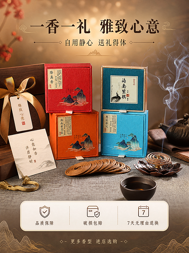 [商品] 使用【图4】四款盘香礼盒全家福；保留四款礼盒颜色、标签、纹样与莲花香座；商品处理：礼盒质感精致，烟雾柔和，整体呈现礼赠氛围，不改变产品原貌。
[画面] 目标：礼遇收尾页，强化自用/送礼双重价值与服务保障。构图：中央四款礼盒+香座组合陈列，周围点缀中式礼盒丝带、贺卡、茶杯等礼赠元素；背景暖调虚化光晕；主体占画面55%，阅读动线从中央产品向上下文案扩散；景别：中景，45°俯角。
[视觉] 套系策略：风格=新中式禅意国风商业摄影；标题字=宋体衬线粗体（书法气质）；正文字=简洁宋体；主色=湖蓝+朱红+暖棕（取自四款礼盒）；背景延展=基于暖灰麻布+深木色做深浅层级、同色系渐变与细腻织物/木纹质感；强调色=暖金色，仅用于小面积图标、引线、标签描边和局部光效；标题色=深炭褐；正文色=中暖灰；组件=圆角米白信息卡、细金线引线、山水纹装饰条；光影=暖调柔光，中心亮四周渐暗，营造礼盒氛围感。
[文字] 画面上方主标题「一香一礼 雅致心意」横排，副标题「自用静心 送礼得体」；下方服务承诺横排3条：品质保障 / 破损包赔 / 7天无理由退换；底部小字「更多香型 进店选购」；所有文字横排，不遮挡产品主体。
[规格] 图片比例3:4竖版，4K分辨率，负向提示：避免变形、错字、文字过小、绝对化用语、虚假承诺、冷色调、现代简约风格、二维码/导流信息。