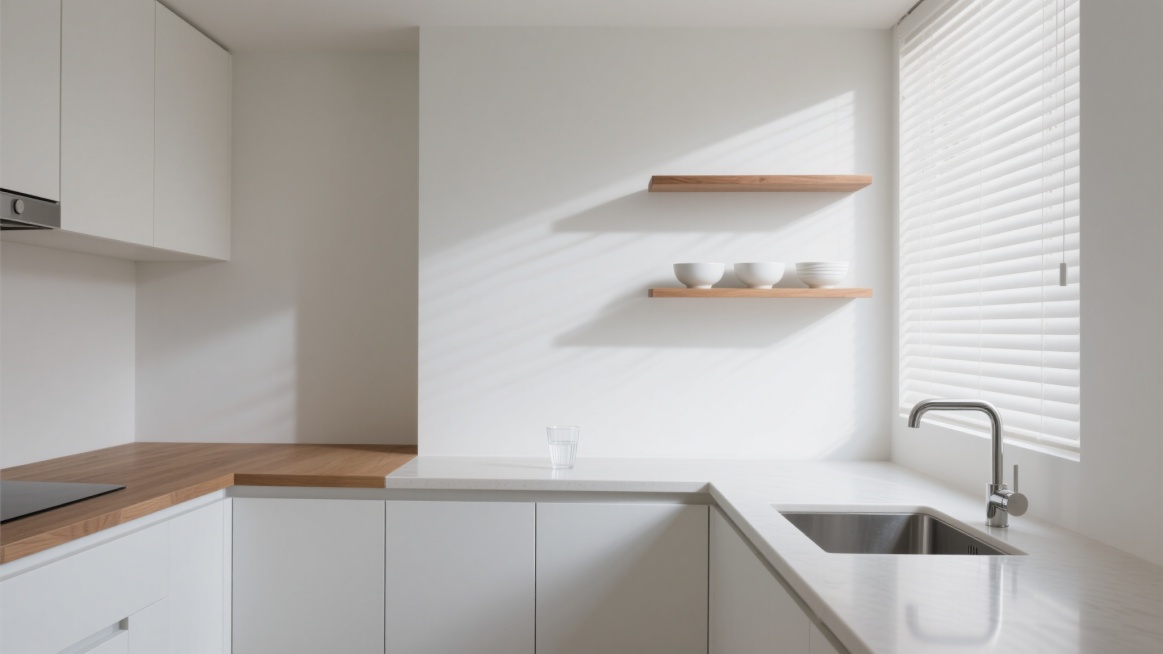极简构图，60%留白的现代厨房角落，L型白色哑光橱柜与原木色台面形成温柔转折，右侧空白墙面仅悬挂一组悬浮式原木搁板，内置三个同色系白瓷碗具，台面仅点缀一只半满的透明玻璃水杯，左侧百叶窗将清晨柔和的光线切割成水平光带，在素色墙面上投下缓慢移动的几何阴影，不锈钢水龙头在台面上形成微小反光，整体色调为纯净白与原木浅棕的和谐对话，空间呼吸感十足，极简主义的静谧氛围中蕴含着生活的微妙韵律。预览效果
