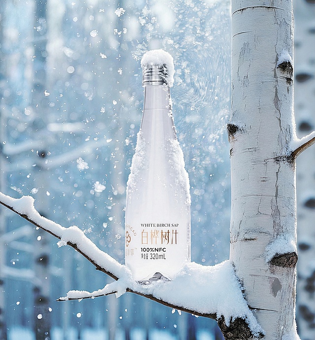 将饮品图融入冬日雪景场的枝桠上，景中瓶身落雪，枝叶轻覆积雪瓶身文字清晰