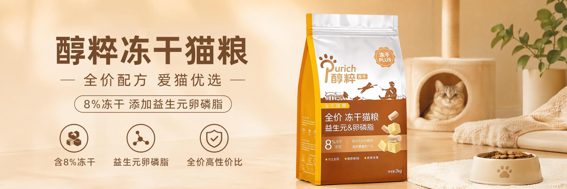 商品营销海报，写实商业摄影风格，整体温馨简约干净，适合宠物用品氛围。主标题文字为"醇粹冻干猫粮"，副标题文字为"全价配方 爱猫优选"，装饰文案为"8%冻干 添加益生元卵磷脂"，卖点为"含8%冻干""益预览效果