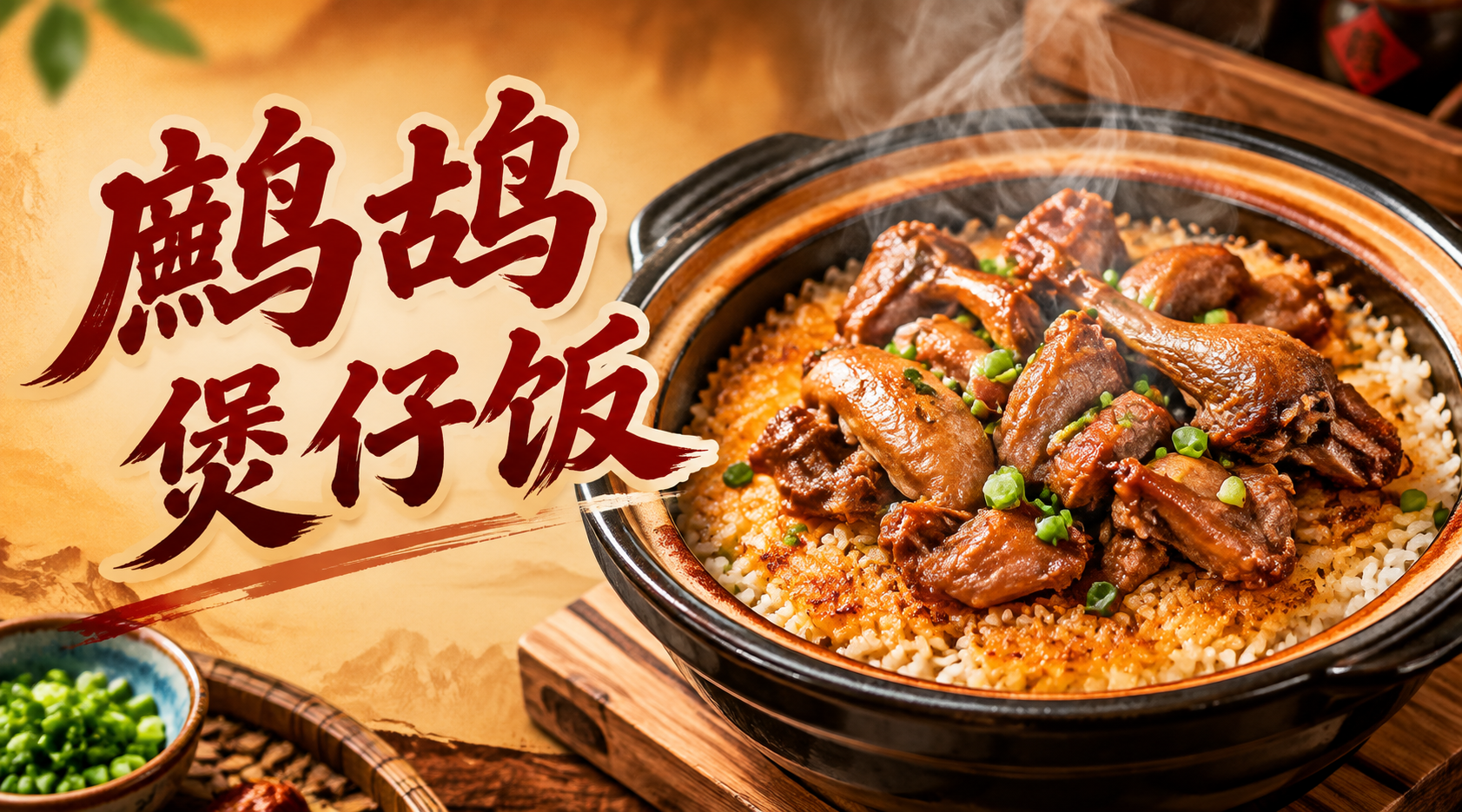餐饮店铺店招设计，横版构图，画面中央是一碗热气腾腾的鹧鸪煲仔饭… - 图片创意预览
