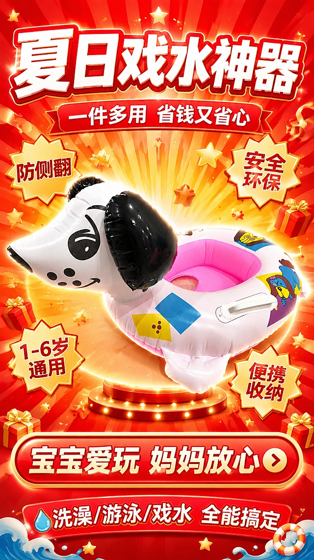 [第15屏] 行动号召收尾-彩色斑点狗坐圈夏日戏水神器性价比之选。本屏使用【图1】产品，营造购买冲动氛围。
[氛围/风格] 促销收尾风，热情活泼，拼多多大字报风格，高性价比感，行动号召。
[元素布局] 画面中央放置斑点狗坐圈（使用【图1】），占比约45%，周围环绕彩色爆炸贴、星星、礼物盒等促销元素；背景为红金渐变，有放射状光线，营造热闹促销氛围；底部有大按钮样式的行动号召区；产品外观颜色结构与输入图完全一致。
[光影质感] 明亮高光，产品突出，周围有光晕效果，整体热闹亮眼。
[配色色系] 全局底色 #FF4D4D 到 #FFD700 红金渐变；主色红色+金色；辅助色白色、粉色。
[视角构图] 中心聚焦式，产品在中央，标题在上，行动号召在下，阅读动线从上到下。
[文字版式] 顶部超大主标题「夏日戏水神器」，副标题「一件多用 省钱又省心」，白字加红边，超大字号；产品周围环绕卖点标签：「防侧翻」「安全环保」「1-6岁通用」「便携收纳」；底部大按钮样式文字「宝宝爱玩 妈妈放心」；最底部补充「洗澡/游泳/戏水 全能搞定」；文字醒目大气，符合拼多多风格。
[比例分辨率] 9:16 竖版比例，4K 分辨率，文字清晰可辨，高清画质。
[负向提示词] 产品变形，颜色偏差，水印，文字错乱，促销元素低俗，背景杂乱，出现平台logo。