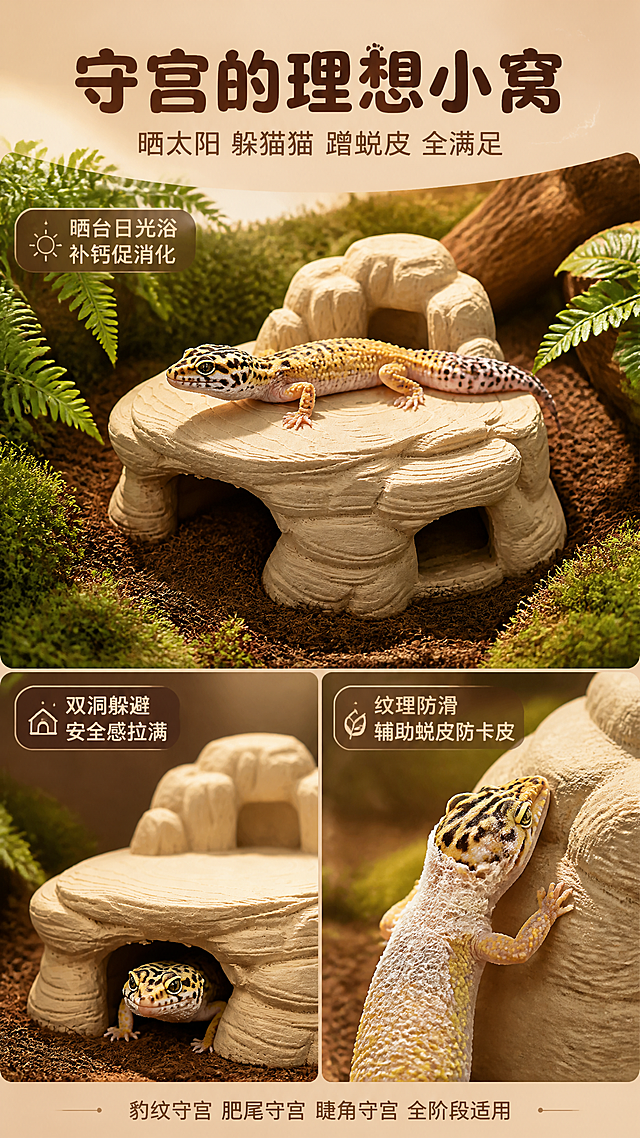 [第3张] 守宫使用场景页-砂岩屿款多层爬虫造景躲避晒台 守宫专属页。本张使用【图6】作为商品主体。
[氛围/风格] 自然温馨风 雨林造景 守宫日常 商业摄影质感
[元素布局] 原木砂岩款躲避晒台（砂岩屿）位于画面中部，放置在雨林饲养缸椰土上，产品占画面约45%。画面采用上下分镜：上半部分展示一只豹纹守宫趴在晒台上层惬意晒太阳，背景有蕨类和苔藓；下半部分左侧展示守宫从下层主洞穴口探出身子的场景，右侧展示守宫在假山靠背上蹭皮蜕皮的特写。三个场景由细线条分隔，形成守宫一天的生活动线。保持产品外观与输入图一致。
[光影质感] 顶部暖白光模拟晒灯效果，晒台表面有温暖高光；洞穴内部有自然暗部，体现躲避感；蜕皮特写有侧光突出纹理；整体温暖柔和，层次丰富。
[配色色系] 全局底色暖木棕到浅米色渐变；主色砂岩米黄；辅色苔藓绿、守宫黄；强调色深棕色标题。分镜框为细棕色线条，统一风格。
[视角构图] 上半部分大场景为主，产品+守宫晒台；下半部分左右两个小分镜，展示洞穴和蜕皮；阅读动线从上到下，晒台→躲避→蜕皮，呈现守宫的完整使用场景。
[文字版式] 顶部主标题粗圆体深棕色大字："守宫的理想小窝"；副标题浅棕色："晒太阳 躲猫猫 蹭蜕皮 全满足"。三个场景分别配小标题："晒台日光浴 补钙促消化"、"双洞躲避 安全感拉满"、"纹理防滑 辅助蜕皮防卡皮"。底部一行小字："豹纹守宫 肥尾守宫 睫角守宫 全阶段适用"。
[比例分辨率] 9:16竖版比例，4K分辨率，文字清晰可辨，高清画质
[负向提示词] 变形 水印 文字错乱 文字过小 缺件错件 结构错误 颜色偏差 产品图模糊 背景杂乱 守宫畸形 断尾