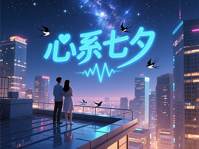 浪漫插画风，霓虹灯大字“心系七夕”，梦幻夜景，情侣相拥，燕子飞翔。