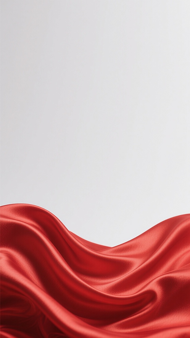一张以纯白色为背景的图片，画面下方是一块红色的丝绸布料，它呈现出自然飘逸的波浪状形态，布料表面光滑细腻，具有强烈的光泽感和柔软的质感，光影过渡自然，红色鲜艳饱满，整体给人一种优雅、灵动且富有层次感的视觉效果。