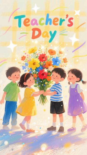 画面上方是彩色字体的 “Teacher's Day” 标题，下方是四个卡通风格的孩子，分别穿着绿色上衣配蓝色裤子、黄色连衣裙、蓝白条纹上衣配黑色短裤、紫色连衣裙，他们围绕着一束色彩鲜艳的花束，花束中有预览效果