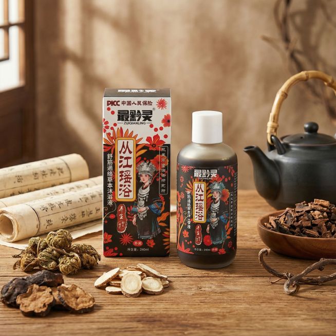 1. 核心场景 + 产品细节
商业产品主图，已参考图1上的产品为中心
2. 背景元素（绑定 “草本 / 传统” 卖点）
背景是暖棕复古木桌面：左侧铺旧宣纸书卷（印淡墨中药名录），旁堆金毛狗脊、切片半枫预览效果