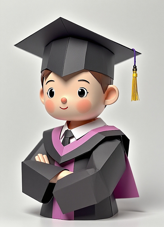 可爱感十足的卡通男孩身着毕业礼服，采用低多边形与软3D结合的几何风格，呈现粘土质感，展现毕业季的温馨与童趣。