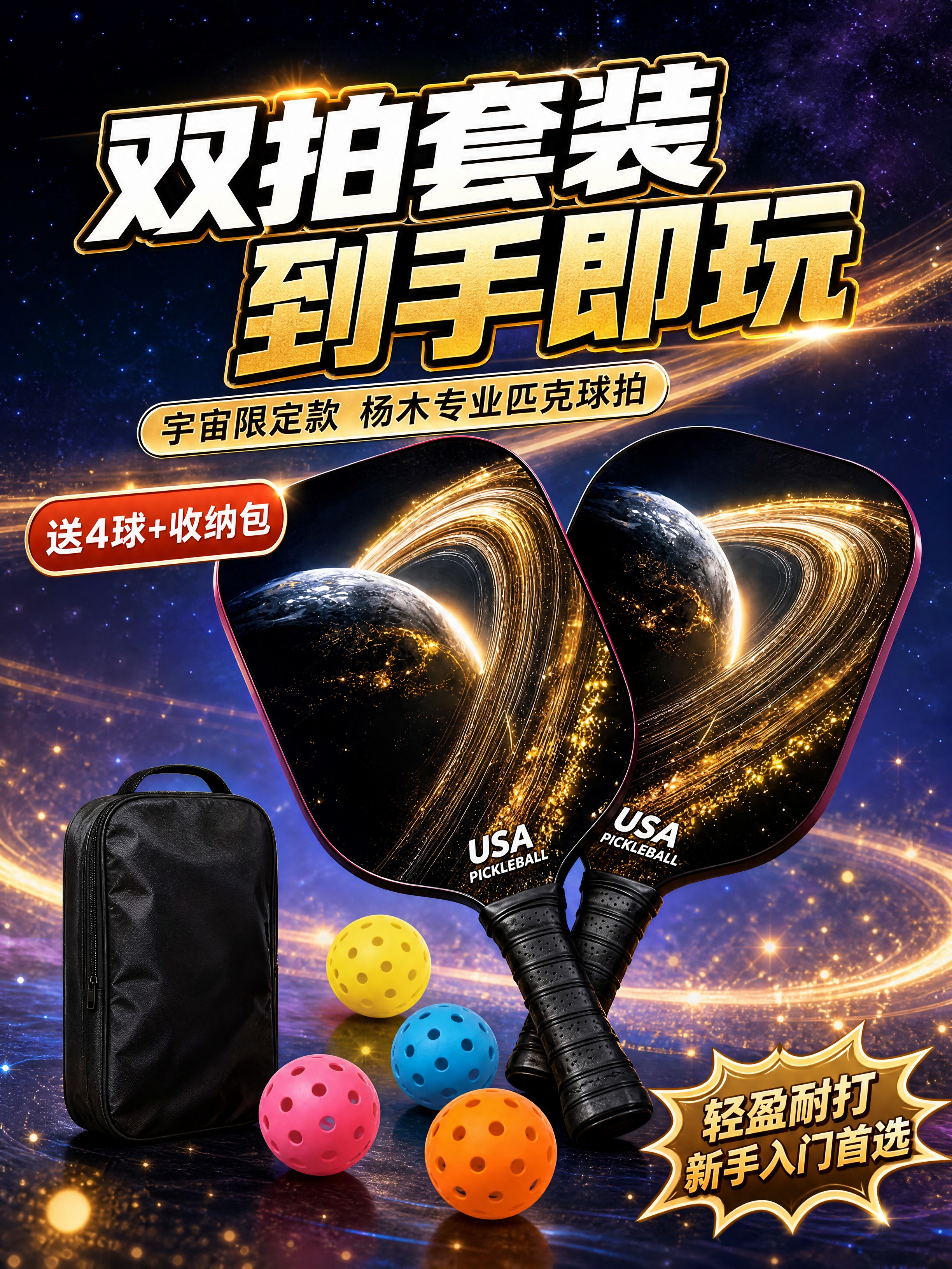 [商品] 使用【图1】宇宙款匹克球拍套装；保留双拍宇宙星空图案… - 图片创意预览