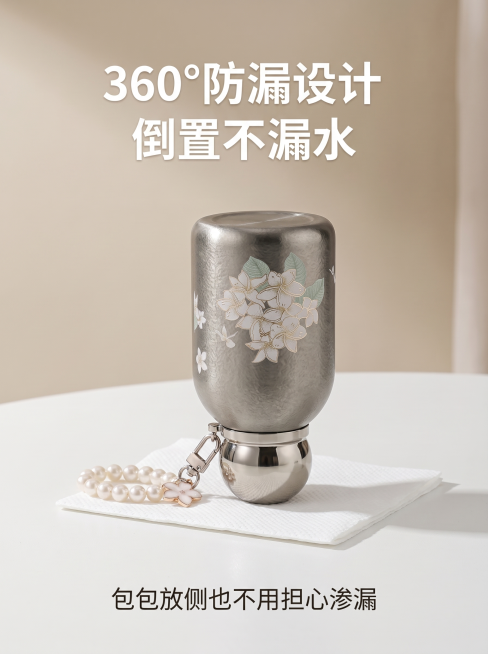 [主图 5] 纯钛口袋保温杯360度防漏性能测试展示
[氛围风格] 专业真实测试场景，简约干净
[画质] 商业摄影质感、光线柔和通透、产品清晰真实、画面干净高级
[元素] 保温杯倒置放置在白色简约台面预览效果