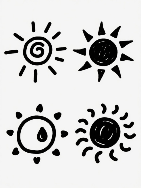 四个不同款式样式的太阳图案，均采用黑色手绘线条风格，线条粗犷随意有手写感，第一个太阳为中心螺旋状图案加放射状短线条光芒，第二个太阳为圆形中心加长短不一的尖角状光芒，第三个太阳为圆形中心加水滴状光芒，第四个太阳为圆形中心加波浪形曲线光芒，所有太阳图案在纯白色背景上呈两行两列整齐排列，整体保持简约儿童画般的手绘质感和简洁明快的视觉效果。预览效果