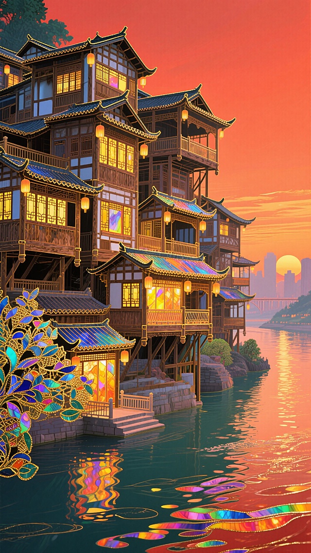 洪崖洞 + 嘉陵江，橙红色背景