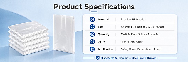 [商品] 使用【图3】右侧堆叠的透明一次性围布折叠包装，保留围布的折叠形态、透明塑料材质、摞叠数量；同时参考【图1】围布的平面轮廓结构。
[画面] 页面目标：规格与包装信息页。构图：左物右文，左侧产品堆叠展示占45%，右侧参数信息卡占55%。主体：左侧一摞折叠整齐的透明一次性围布，约5-6片叠放，旁边立起一片展示厚度；右侧圆角信息卡列出规格参数。景别：中景，产品+信息卡全景。阅读动线：从顶部标题→左侧产品→右侧参数卡。前中后景：前景围布堆叠、中景信息卡、后景浅蓝渐变背景。
[视觉] 套系策略：风格=跨境极简高级商业摄影；标题字=现代无衬线粗体；正文字=简洁无衬线体；主色=清爽浅蓝；背景延展=基于浅蓝做深浅层级渐变、同色系柔和过渡，带细腻磨砂质感；强调色=深海蓝，仅用于小面积图标和标签；标题色=深炭灰；正文色=中灰；组件=圆角白底信息卡、细线分隔、参数图标；光影=左前侧柔光，围布堆叠有自然阴影。
[文字] 顶部居中主标题"Product Specifications"，字号最大。右侧信息卡内分栏列出："Material"→"Premium PE Plastic"、"Size"→"Approx. 51 x 39 inch / 130 x 100 cm"、"Quantity"→"Multiple Pack Options Available"、"Color"→"Transparent Clear"、"Application"→"Salon, Home, Barber Shop, Travel"。底部一行"Disposable & Hygienic — Use Once & Discard"。所有文字横向排版，清晰易读。
[规格] 图片比例3:1横版（亚马逊基础A+），4K，避免变形、错字、文字过小、亚洲面孔、纯白底、围布颜色改变、版型失真、价格信息、二维码。