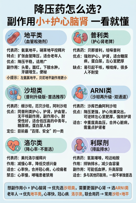 医疗健康科普信息图，标题为"降压药怎么选？副作用小+护心脑肾 一看就懂"，清晰展示六大类降压药信息：1.地平类（血管松弛剂）代表药：氨氯地平、硝苯地平控释片，特点：扩张血管降压，适合老年人，优点：降压预览效果