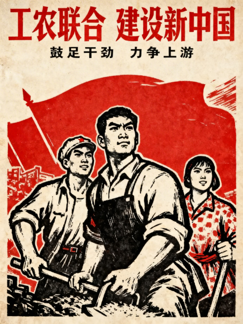 60年代复古风格宣传海报，具有鲜明的时代特征，红色主色调，工农主题， bold字体，复古版画质感，充满革命乐观主义氛围预览效果