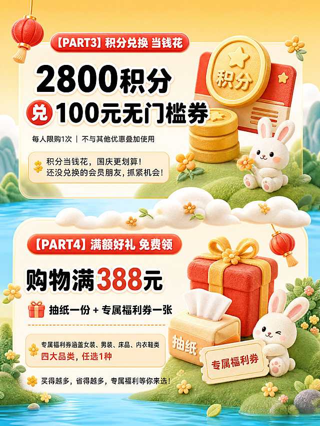 [商品] 无实物商品，为时代广场国庆促销活动福利介绍页，参考图风格为3D卡通可爱风、暖黄浅蓝清新配色。
[画面] 两大福利上下分栏展示，上半部分福利三积分兑换，下半部分福利四满额好礼，中间用云朵+桂花装饰过渡。背景延续暖黄浅橙天空渐变+浅蓝水面+绿色草地的清新配色。上半部分配3D立体金币/积分卡图标，下半部分配3D立体礼品盒和抽纸图标，周围点缀小灯笼、桂花、小兔子等可爱元素，与前页风格统一。
[视觉] 套系策略：风格=3D卡通可爱国潮插画风，毛绒质感立体元素，清新暖色调；标题字=粗厚圆润的卡通黑体，黑色粗字带白色描边；正文字=圆润可爱无衬线体；主色=暖黄+浅橙+浅蓝+正红点缀；背景延展=基于暖黄浅橙做天空渐变，下方浅蓝水面+绿色草地，叠加细腻云朵和远景青山；强调色=正红+金色，用于灯笼、标签、装饰和重点数字；标题色=黑色粗字白边；正文色=深灰+红色强调；组件=圆角胶囊标签（红底白字）、小灯笼图标、桂花装饰、云朵分割线、3D金币/礼品盒；光影=顶部暖柔光，整体明亮通透，3D元素有柔和阴影。
[文字] 上半部分：红色胶囊标签"【PART3】积分兑换 当钱花"，大字"2800积分 兑 100元无门槛券"，下方小字"每人限购1次 | 不与其他优惠叠加使用"，底部配文案"积分当钱花，国庆更划算！还没兑换的会员朋友，抓紧机会！"。下半部分：红色胶囊标签"【PART4】满额好礼 免费领"，大标题"购物满388元"，礼品展示"🎁 抽纸一份 + 专属福利券一张"，下方说明"专属福利券涵盖女装、男装、床品、内衣鞋类四大品类，任选1种"，底部配文案"买得越多，省得越多，专属福利等你来选！"。所有文字横排，圆润可爱。
[规格] 小红书封面尺寸3:4竖版，4K高清，避免颜色暗淡、风格不统一、文字模糊、图标变形。