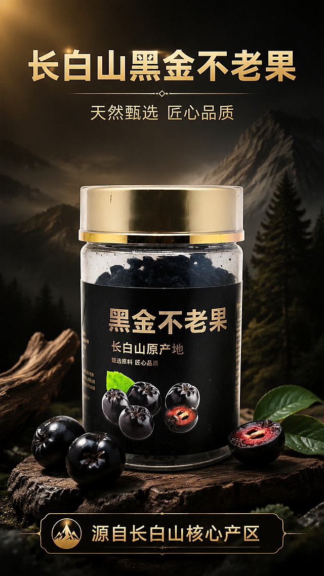[第1屏] 详情页头图-黑金不老果长白山天然滋补产品宣传海报。本屏使用【图1】作为商品主体，放置在画面中心偏下位置，占比约65%-70%。
[氛围/风格] 高级黑金质感，天然滋补养生氛围，商业高清摄影质感，突出产品的天然珍贵属性。
[元素布局] 背景搭配浅深山林意境渐变背景，前景放置几颗新鲜的黑金不老果鲜果作为装饰，增加画面层次；产品罐身结构、颜色、文字排版与输入产品图保持完全一致，不改变外观。左上角预留主标题区域，底部放置信息条。
[光影质感] 上方柔暖主光照射，产品罐身形成自然渐变光影，底部柔和投影，突出罐子玻璃质感和金色封边的光泽感，整体明暗清晰通透。
[配色色系] 全局底色 #121212；主色黑金渐变配色；辅助色浅原木色装饰，金色点缀文字。
[视角构图] 正面平视，产品为绝对视觉中心，阅读动线从上到下，顶部标题→中心产品→底部信息。
[文字版式] 版式为顶部标题+中心产品+底部信息。主标题「长白山黑金不老果」，副标题「天然甄选 匠心品质」，金色加粗字体居中；底部信息条添加卖点「源自长白山核心产区」，文字不遮挡产品主体；字体风格提取自包装，保持金色简约质感，全套统一字色。
[比例分辨率] 9:16 竖版比例，4K分辨率，文字清晰可辨，高清画质。
[负向提示词] 产品变形，包装文字错乱，颜色偏差，缺件错件，文字过小，水印，背景杂乱，虚假夸张宣传。