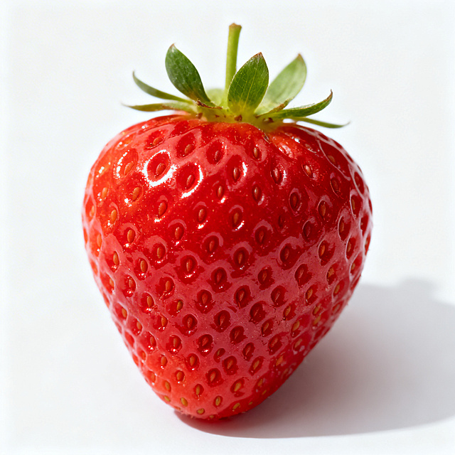 高清实拍风格，一颗新鲜草莓置于纯白色背景中央，果实鲜红饱满，表面有细小籽粒与自然光泽，带绿色蒂头，无阴影干扰，专业食品摄影构图，8K细节清晰
