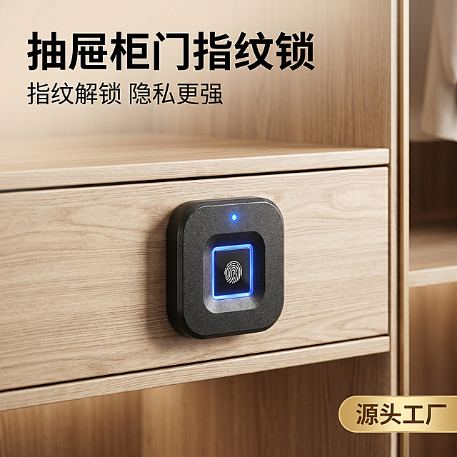 [主图 1] 抽屉柜门指纹锁产品首图。[氛围风格] 家居轻奢风，专业可信源头工厂质感。[画质] 商业摄影质感、光线柔和通透、产品清晰真实、画面干净高级。[元素] 抽屉柜门指纹锁居中放置，安装在轻奢衣柜抽屉柜门上，突出产品安装效果。产品保持原有外观（物理结构、材质质感、黑蓝色配色）与输入产品图绝对一致，杜绝任何变形和色差，精细化处理。商品主体占比严格控制在 60%-80% 之间，画面满屏无边框。[光影] 主光从正面柔光打亮产品，轮廓清晰有立体感，辅光弱化阴影，指纹感应区蓝色指示灯点缀提亮，整体光影通透高级。[配色] 主色调深黑色，点缀感应区蓝色，背景用浅木轻奢暖调，整体和谐高级。[视角构图] 平视中心构图，景深适中，主体清晰突出。[文字版式] 左上负空间左对齐留安全边距，大字主文案 "抽屉柜门指纹锁" 黑色粗体无衬线最大号；辅助文案 "指纹解锁 隐私更强" 小字一半大小；右下角圆角小标签 "源头工厂" 浅金底深字。文字不遮挡产品主体，对比清晰易读。[比例分辨率] 1:1 比例，2k 分辨率；文字清晰锐利，画面超高清。[负向提示词] 变形，水印，文字错乱，产品图模糊，背景杂乱，廉价感，玩具感，遮挡主体。