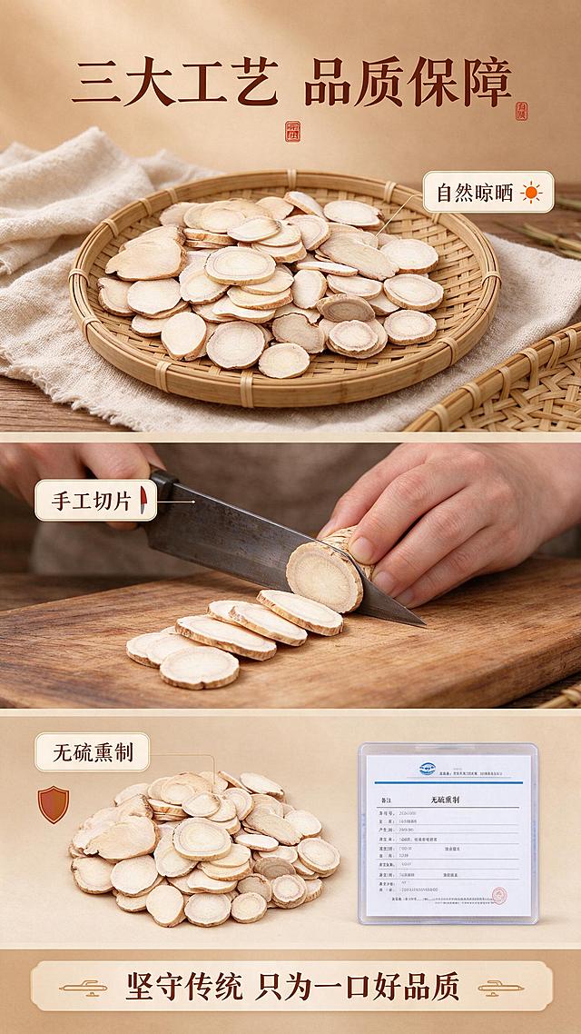 [商品] 使用【图1】白芍片；保留圆片状外形、浅米白至淡棕褐色切面、自然纹理；商品处理：保持产品真实形态，增强干净整洁的品质感。
[画面] 目标为工艺品质展示，3张纵向图+底标签条版式，上中下三段分别展示：上段自然晾晒场景（竹匾摊晒白芍片）、中段手工切片动作（刀具切白芍侧面）、下段无硫检测示意（干净白芍片与检测卡片），底部通栏信息条串联三大工艺，产品图穿插其中，形成工艺递进叙事。
[视觉] 套系策略：风格=中式养生滋补商业摄影；标题字=宋体衬线粗体；正文字=简洁无衬线体；主色=暖米棕；背景延展=基于暖米棕做深浅层级、同色渐变与质朴棉麻/木质质感；强调色=赭石红，仅用于小面积图标、引线和标签；标题色=深棕褐；正文色=中暖灰；组件=圆角米白底信息卡、细线引线、中式印章元素；光影=自然暖光，每段光线统一柔和。
[文字] 顶部主标题「三大工艺 品质保障」，每段配图下方配小标题：自然晾晒、手工切片、无硫熏制，底部通栏写「坚守传统 只为一口好品质」，全部文字横排，字号保证移动端清晰可读。
[规格] 图片比例9:16竖版，2K分辨率，避免变形、错字、文字过小、冷蓝/蓝灰背景、虚假检测承诺、绝对化用语。