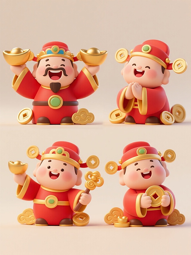 3D卡通风格财神元素，Q版圆润造型，喜庆红色为主色调搭配金色点缀，柔和高光与阴影塑造立体感，细腻的黏土质感，上下两行对齐排列四个不同动作与表情的财神：第一个财神双手高举金元宝开怀大笑，第二个财神拱手作揖面带微笑，第三个财神手持如意神情温和，第四个财神怀抱金币咧嘴喜悦，每个财神周围环绕金色祥云与圆形金币装饰，整体置于浅色背景上，保持统一的可爱喜庆氛围与精致的3D细节。