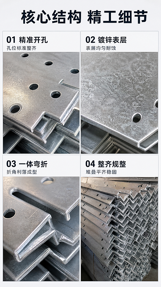[第3屏] 电力器材核心结构细节解析详情页。
[氛围/风格] 专业解析风，清晰直观，细节突出，工业技术感。
[元素布局] 整体采用2×2四宫格版式，保持原图产品的材质颜色和结构特征不变，每个宫格展示一个核心结构细节：左上展示精准开孔细节，右上展示镀锌层表面材质，左下展示直角弯折精度，右下展示整体堆叠整齐度。每个宫格用细线框分隔，上方都有编号和标题标注，产品主体细节保持与原图一致。
[光影质感] 每个宫格光照均匀，细节处有重点补光，确保开孔、弯折、表面纹理清晰可见，金属质感突出。
[配色色系] 全局底色：#F0F2F5；宫格背景：#FFFFFF；分隔线：#BDC3C7；文字：#2C3E50。
[视角构图] 四宫格均衡排版，每个细节使用不同放大倍数的特写视角，保持产品真实结构不变，层次分明。
[文字版式] 顶部通栏主标题“核心结构 精工细节”加粗黑体；每个宫格左上角标注“01 精准开孔”“02 镀锌表层”“03 一体弯折”“04 整齐规整”，每个标题下方配一行8字以内说明文字，文字清晰不遮挡细节主体。
[比例分辨率] 9:16竖版比例，4K分辨率，文字清晰可辨。
[负向提示词] 结构变形，开孔错位，细节模糊，颜色偏差，文字错乱，背景杂乱。