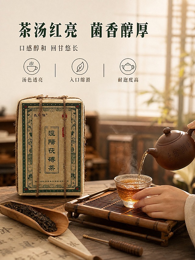 [商品] 使用【图1】泾阳茯砖茶，牛皮纸麻绳捆绑包装；保留包装结构、颜色、材质与原图一致。产品放在画面左侧，占画面约30%。
[画面] 页面目标：冲泡品饮场景，营造生活方式氛围。构图为左右场景型：左侧产品包装立放，右侧中式茶具冲泡场景占画面60%。紫砂壶正在往品茗杯中倒茶，茶汤呈琥珀色透亮，茶盏中茶汤有热气升腾。茶具摆放在竹制茶盘上，旁边有茶则、茶针等茶道配件。背景是中式书房或茶室虚化，有木质书架和宣纸窗帘。整体营造静谧雅致的品茶氛围。一只优雅的女性手部（亚洲人）正扶着茶杯，动作自然。
[视觉] 套系策略：风格=国风简洁暖调商业摄影；标题字=原创国风宋体粗体；正文字=原创细宋体；主色=浅米白+牛皮纸黄棕；背景延展=中式茶室暖调虚化，木色+米白+暖棕；强调色=深墨绿，仅用于标题和图标；标题色=深墨绿；正文色=深棕灰；组件=细线图标、细引线；光影=暖调侧逆光，茶汤透亮有光泽，热气自然。
[文字] 顶部主标题「茶汤红亮 菌香醇厚」，副标题「口感醇和 回甘悠长」。下方3个短卖点横向排列：汤色透亮、入口绵滑、耐泡度高。文字全部横排，放在画面上方留白处，不遮挡主体。
[规格] 图片比例3:4竖版，1440×1920，2K，负向：变形、错字、糊字、水印、平台Logo、二维码、极限词、医疗功效、侵权字体、手部畸形、茶汤颜色失真、产品包装改变。