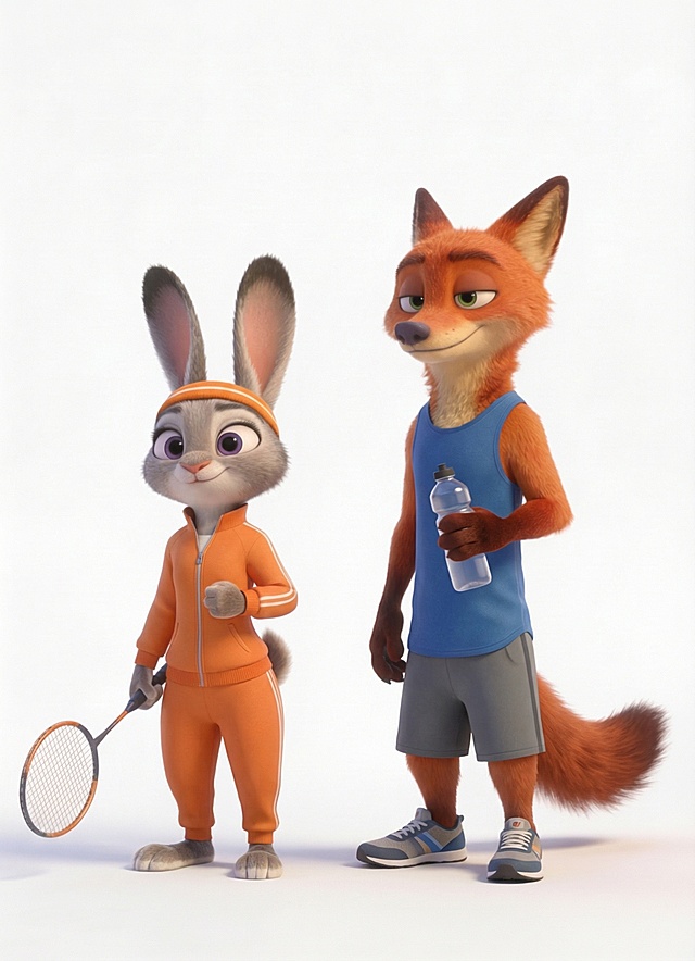 更改兔子朱迪和狐狸尼克的服装、配饰以及手上的东西，除此之外其他细节和参考图保持一致，包括动作、表情等细节。生成20张图，每张图的服装配饰和手上的东西都要不一样