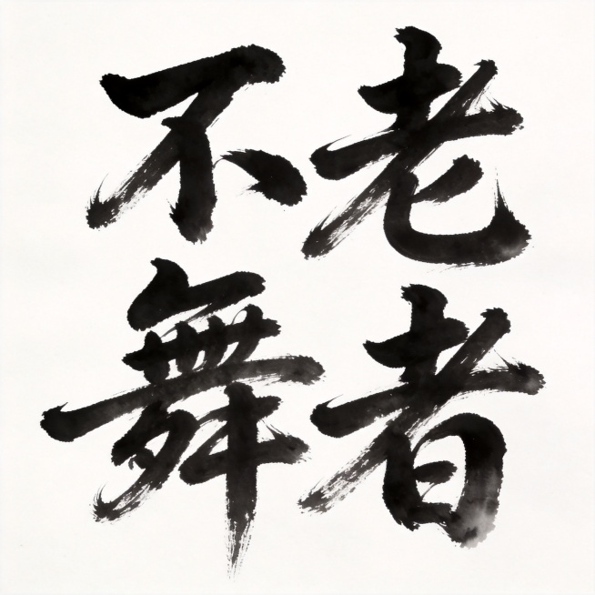 干净的纯白色背景。平面书法字体设计，四个字"不老舞者"，连体字设计，行书书法手写，行云流水一气呵成的笔势，笔画之间自然融合连接，墨色浓黑带有自然飞白枯笔效果，墨色晕染仅在笔画边缘。仅包含这四个字，不得预览效果