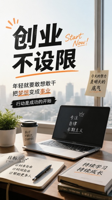 小红书风格创业主题图片，简约现代设计，搭配醒目的创业主题文字，适合作为小红书笔记封面，色调高级大气，元素包含办公桌、笔记本电脑和咖啡杯，突出年轻人创业奋斗氛围，画面干净整洁，文字醒目清晰预览效果