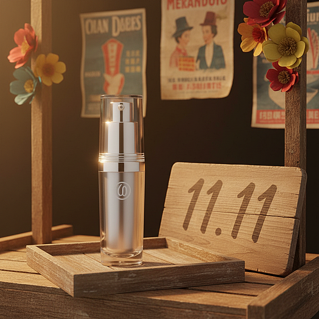 复古文艺风3D微缩场景，木雕质感与印刷海报交织，温馨灯光映衬产品，双11节日氛围浓厚。