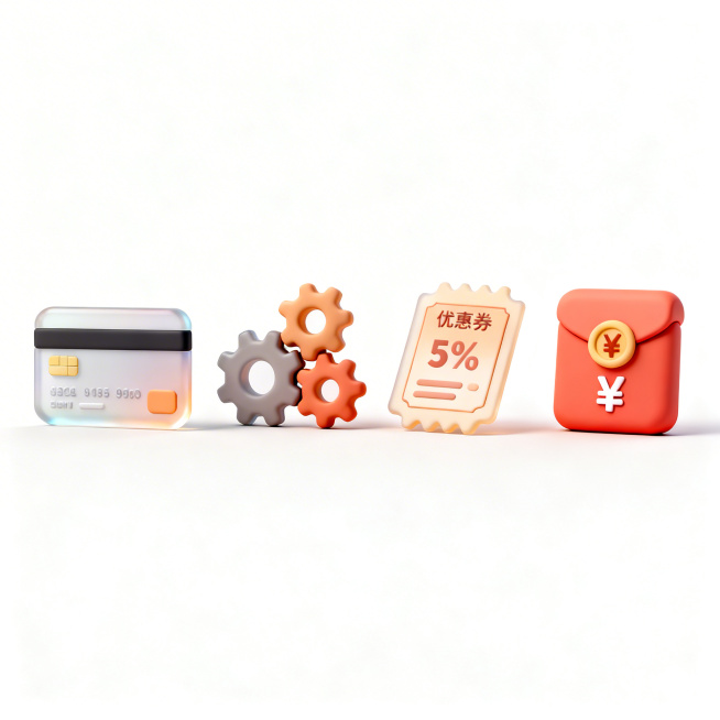 四个3D图标，分别是：1、银行卡，银行卡特征突出；2、设置，齿轮特征突出；3、优惠券，优惠券特征突出；4、红包，红包上显示￥符号，红包特征突出。整体为磨砂玻璃和黏土质感的材质设计，外观柔软可爱，圆润边预览效果