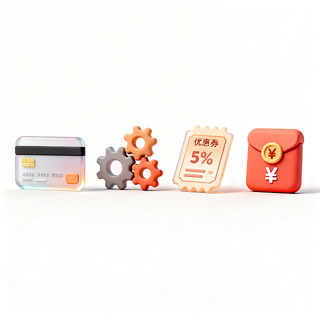 现代感3D设计，融合科技与商务元素，轻拟物风格呈现信用卡、齿轮、优惠券与红包，玻璃质感与塑料风结合，传递高效金融体验。