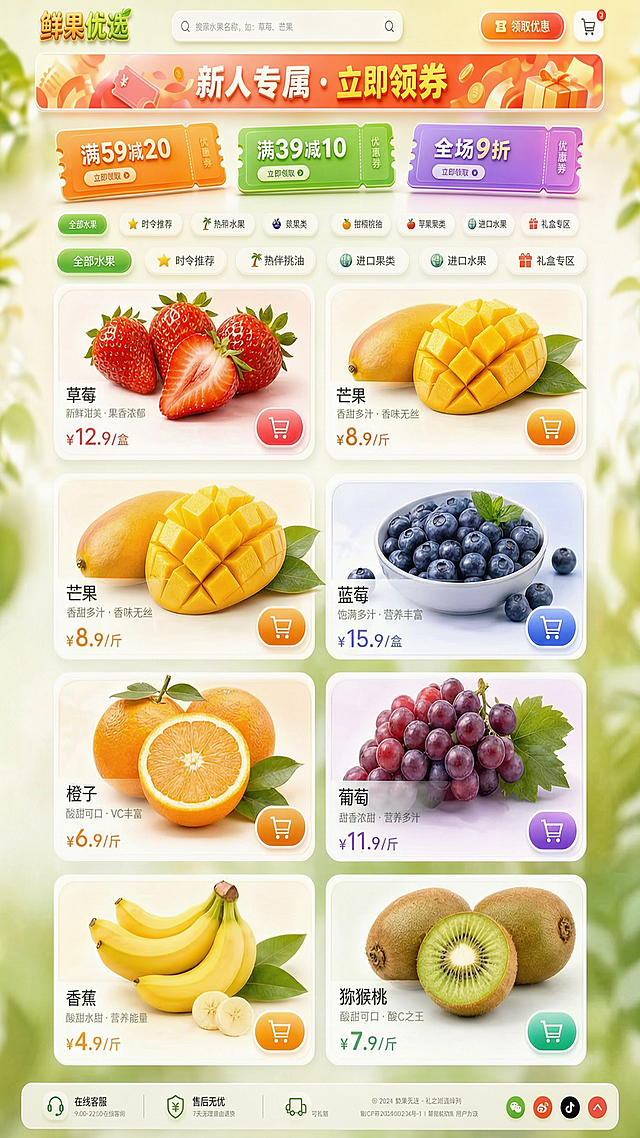 将鲜果优选水果店网页设计修改为9:16竖版尺寸，保留所有设计元素和内容：轻奢立体风格、真实水果原生色彩、8款水果专属配色卡片、全部文字信息、导航栏、优惠券区、商品区、底部功能区、悬浮立体效果，保持原有设计不变，只调整尺寸比例为9:16