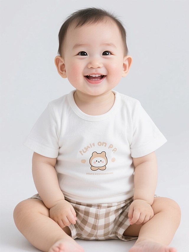 一个可爱的婴儿小孩，坐在白色背景前，穿着白色短袖T恤和格子短裤，T恤上有卡通图案和文字，婴儿面带微笑，眼睛明亮，整体风格为清晰的产品摄影，光线明亮柔和，突出婴儿的服饰装扮，色彩以白色和浅色为主，细节清晰，画面简洁干净。