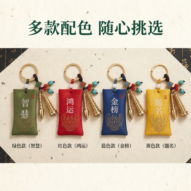 [主图 5 SKU展示] [主图主题] 逢考必过好运挂件款式展示
[氛围/风格] 整洁国风展示，简约高级
[画面元素] 四款不同配色的逢考必过挂件整齐横向排列：绿色款（智慧）、红色款（鸿运）、蓝色款（预览效果