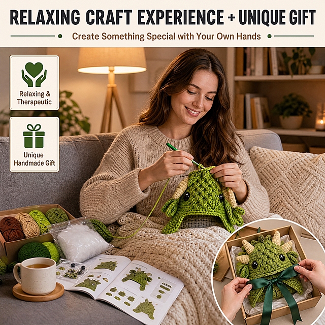 [主图-6 龙款DIY材料包] 主题：Relaxing Craft Experience & Unique Handmade Gift 放松手工体验+独特手作礼物。唯一任务：展示编织过程的治愈放松感，以及亲手做出的龙帽作为礼物的独特价值。
[统一基调] 跨境亚马逊风格，温暖治愈的手工编织场景，舒适居家环境，英文无衬线粗体标题字色为深炭灰，辅助说明字色为暖棕色，强调色用森林绿点缀图标和分隔线，卡片用米白色底+浅棕细边。
[画面] 画面为舒适的居家编织场景：一位欧美女性（25-35岁，自然棕色长发，穿米色宽松毛衣）坐在舒适的灰色沙发上，腿上盖着针织毯，正悠闲地用亮绿色毛线和绿色钩针钩织龙帽。她面带放松的微笑，目光柔和地看着手中的编织作品，旁边的沙发扶手上放着一杯热茶、材料包配件（毛线团、填充棉）和教程手册。背景是温馨的客厅：落地灯暖光、书架、绿植、针织靠垫。左侧有2个竖排图标卡片：上方是心形图标配"Relaxing & Therapeutic"，下方是礼物盒图标配"Unique Handmade Gift"。右下角小窗展示一双正在包装亲手完成的绿色龙帽的手，放入礼品盒系上森林绿丝带，暗示送礼场景。人物展示上半身，重点突出手部编织动作和放松的状态。产品占画面约50%。
[光影质感] 温暖的室内暖光，落地灯营造柔和氛围，人物面部光线均匀，毛线编织纹理清晰，整体舒适治愈。
[配色] 背景暖棕+米白+灰调家居，龙帽绿色系，文字深灰+暖棕，强调色森林绿。
[文字版式] 顶部大标题："RELAXING CRAFT EXPERIENCE + UNIQUE GIFT"；副标题："Create Something Special with Your Own Hands"；图标卡片配英文短句。
[输出要求] 1:1正方形，2048x2048，2K分辨率，文字清晰，人物自然。负向：变形、错字、模糊、杂乱、水印、平台Logo、中文、悬浮、穿模、人物面部扭曲、畸形手、灰色系、狼款元素。