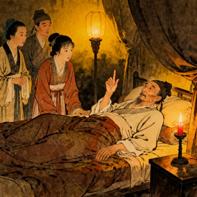 瘦弱的严监生躺在病榻上，固执地伸出两根手指，家人围在床边面面相觑，烛光昏暗的室内场景，风格是工笔重彩，比例是3:4预览效果