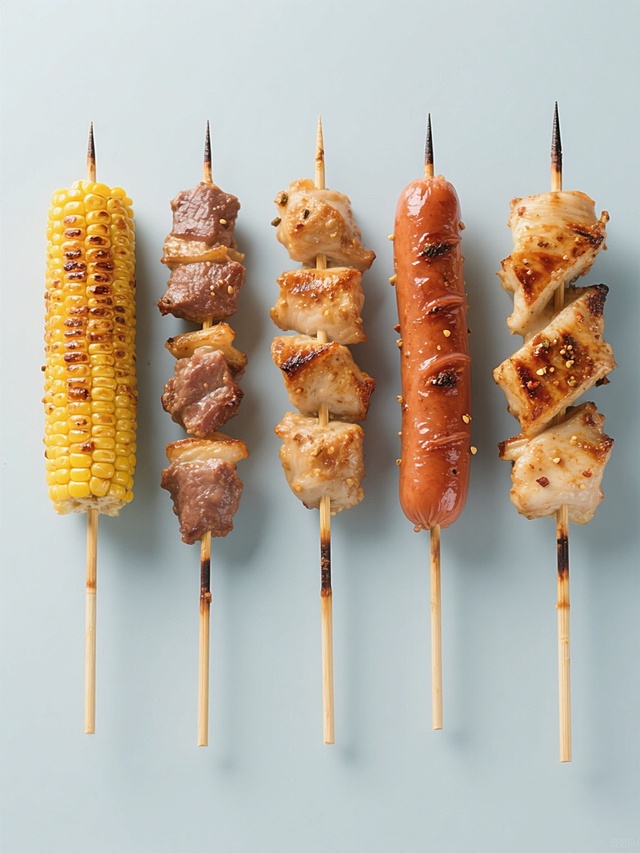 六串不同种类的烤串以规整的矩阵式排布在纯色背景上，保持简约现代的整体造型。每串烤串都具有高度写实的质感，表面呈现出诱人的烤制色泽，包括金黄焦脆的玉米串、鲜嫩多汁的肉串、饱满Q弹的烤肠串等不同品类。烤串的竹签纹理清晰可见，食材表面撒有细密的香料颗粒，局部带有自然的烤炙焦痕和油光，光影效果突出食材的立体感和层次感。整体画面干净利落，无任何文字、logo或水印，风格简约现代，色彩明快，突出烤串的诱人形态和细节。