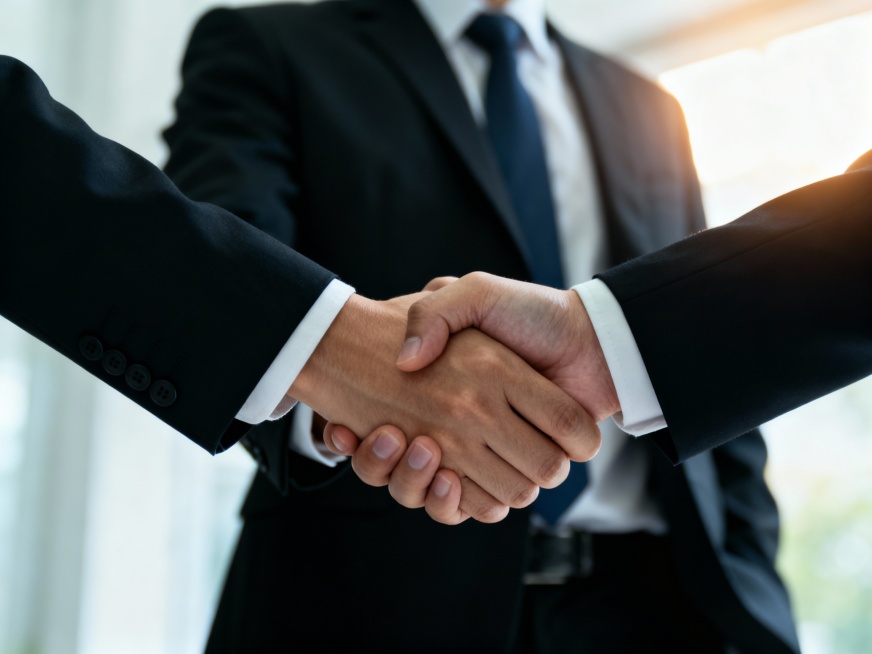 近景特写，两位穿着正式西装的商务人士在握手，他们面带微笑，眼神坚定，背景虚化突出主体，光线柔和，展现专业与信任的氛围预览效果