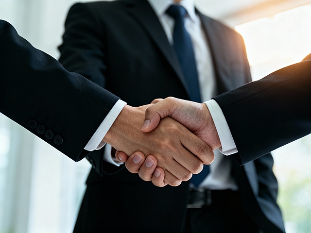近景特写，两位穿着正式西装的商务人士在握手，他们面带微笑，眼神坚定，背景虚化突出主体，光线柔和，展现专业与信任的氛围