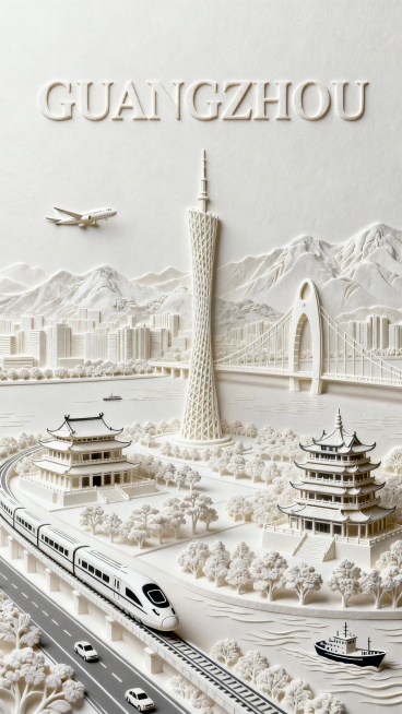 中国印压凹凸效果立体画，画面主体为城市鸟瞰线描图，主体是白色，包含广州地标建筑：中山纪念堂、广州小蛮腰、海珠大桥、镇海楼，搭配山水树木，道路上有高铁，天上有飞机，海里有轮船，公路上有汽车，以极简线条勾预览效果