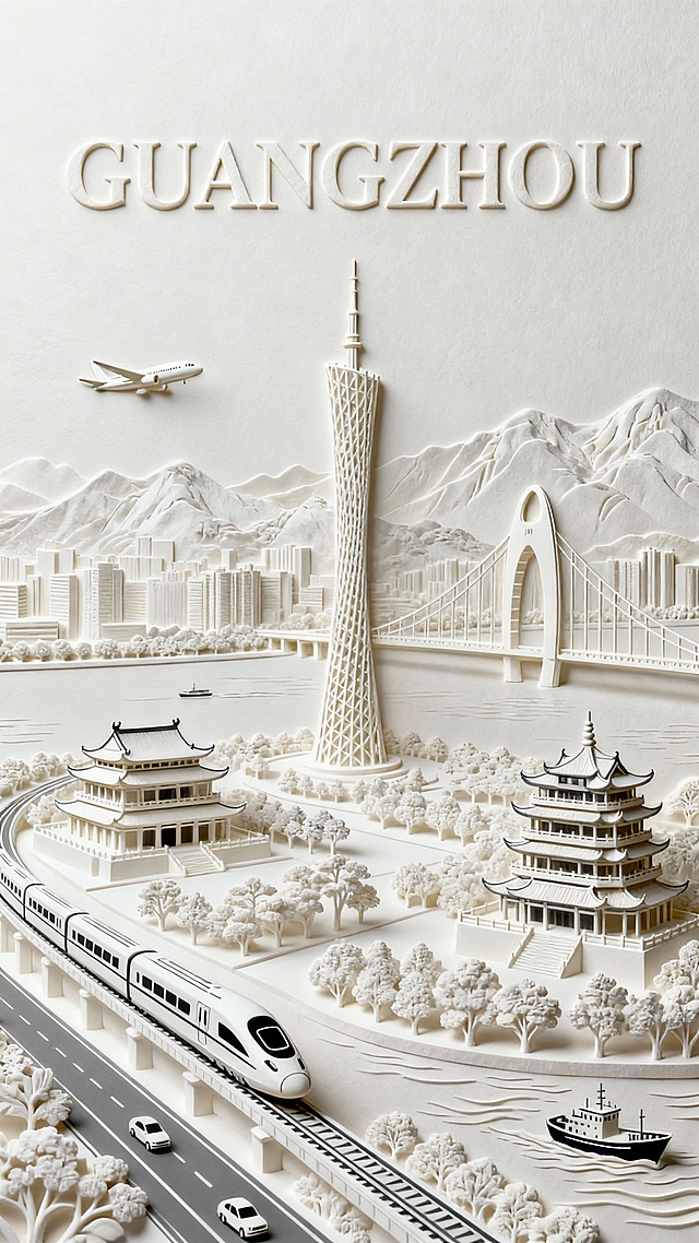 撕纸风浮雕艺术呈现广州城市景观，融合中式建筑与现代地标，科技感高铁穿梭其间，展现传统与未来的对话。