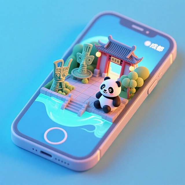 软3D风格手机微缩场景，可爱熊猫与古风建筑融合，梦幻清新配色，科技感与卡通感交织，呈现成都文化趣味。