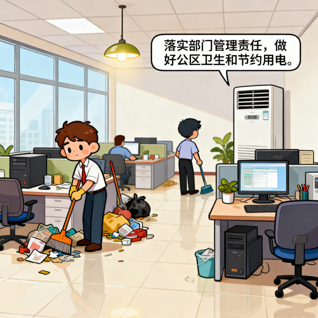 卡通漫画风格，活泼轻松，内容展示干净整洁的公司公共办公区域，员工正在清理杂物，下班前关闭电灯空调和办公设备电源，配文字"落实部门管理责任，做好公区卫生和节约用电"，整体风格明快活泼，作为公司规章制度宣预览效果