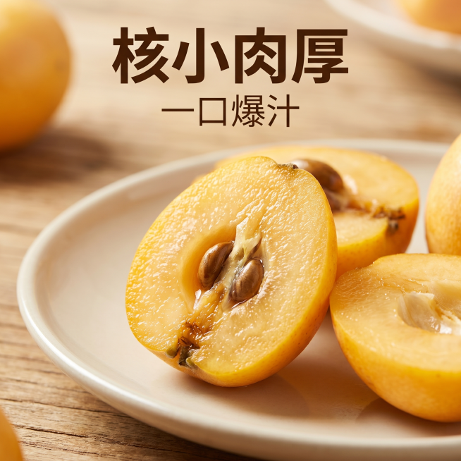 [主图 2] 云霄早钟枇杷核心卖点展示。
[氛围风格] 温馨舒适家居治愈风；整体风格光影配色和首图统一；
[画质] 商业摄影质感、光线柔和通透、产品清晰真实、画面干净高级，超高清。
[元素] 对半切开预览效果