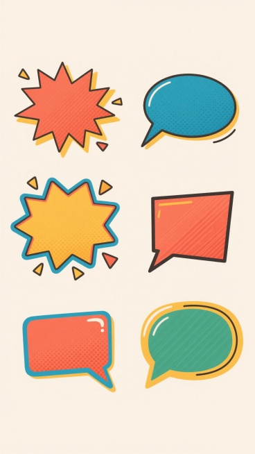 6个不同配色、不同样式、不同材质的漫画风格爆炸对话框造型，采用鲜艳明快的色彩搭配，每个对话框拥有独特的线条装饰和填充纹理，整体呈现简洁的平面插画风格，排列在浅色背景上，上下两行对齐分布，保持一致的视觉节奏和卡通趣味性。预览效果