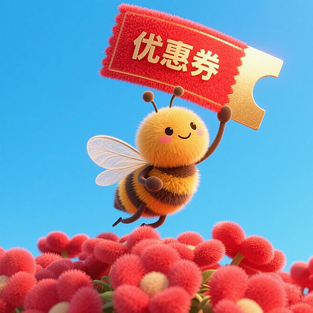 一只小蜜蜂举着一张巨大的红金票券（上面写着“优惠券”），底部红色花丛，蓝天背景