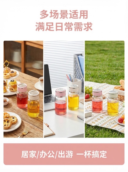 玻璃杯电商竖版详情图，宽高比3:4，大小不超过3M。顶部区域主标题“多场景适用 满足日常需求”，字体柔和粉色系。中部主视觉区域分三栏展示场景：左侧居家场景，玻璃杯放在原木桌面搭配下午茶；中间办公场景，预览效果